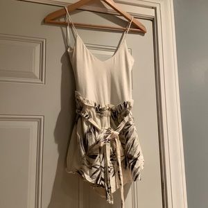 White cotton and palm print linen romper